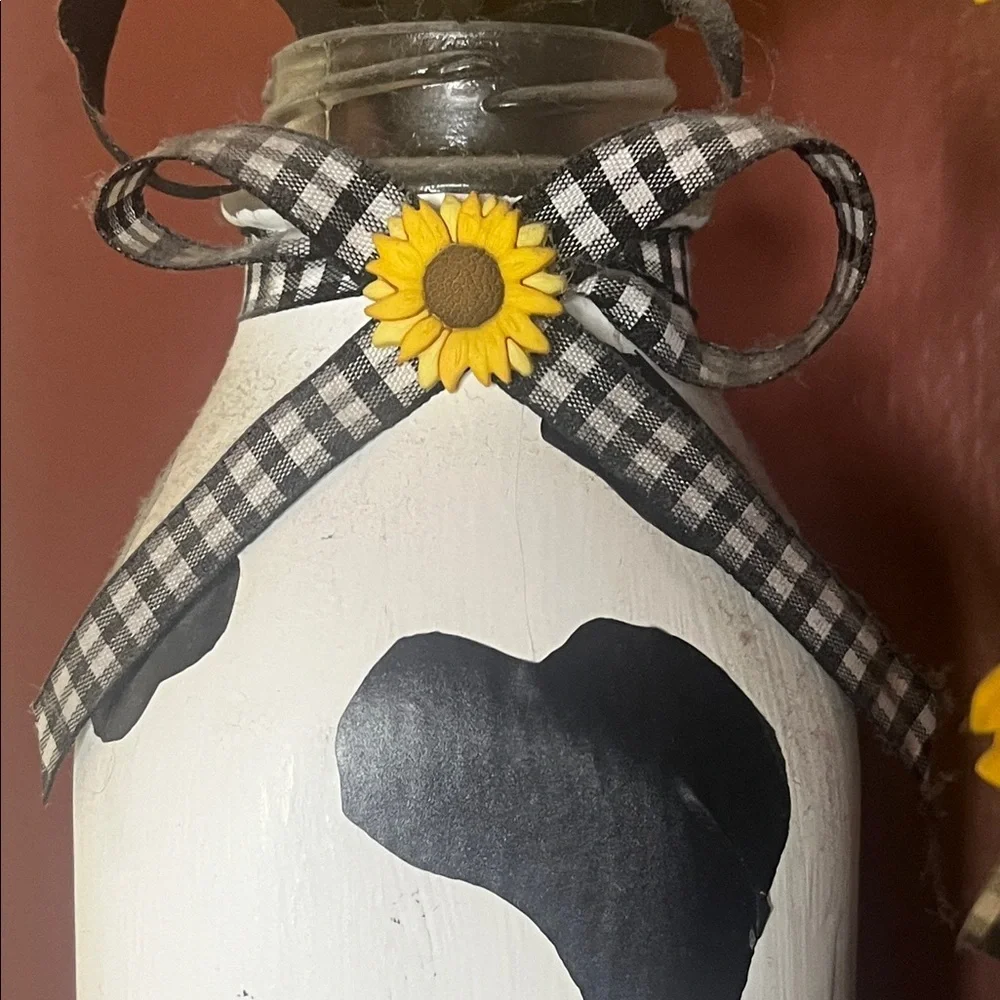 3 pc Hand crafted Cow Print Dairy Vase Set with Sunflowers